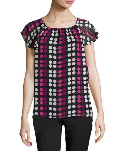 Polka Dot Ruffle-trim Top, Black