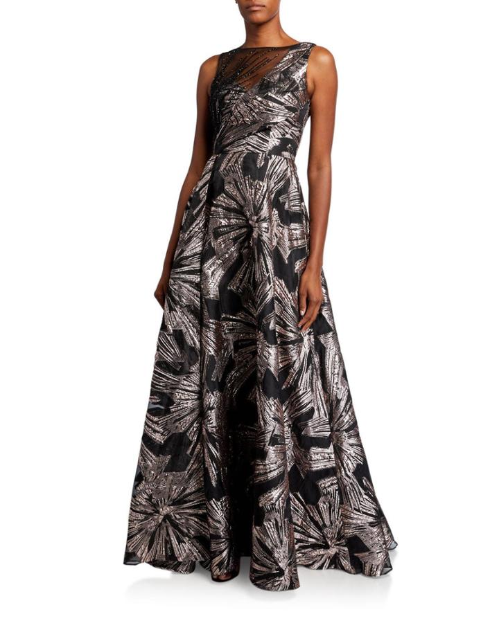 Metallic Brocade Sleeveless Asymmetric Bodice Gown