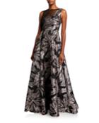 Metallic Brocade Sleeveless Asymmetric Bodice Gown