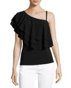 Tiered-ruffle One-shoulder Top, Black