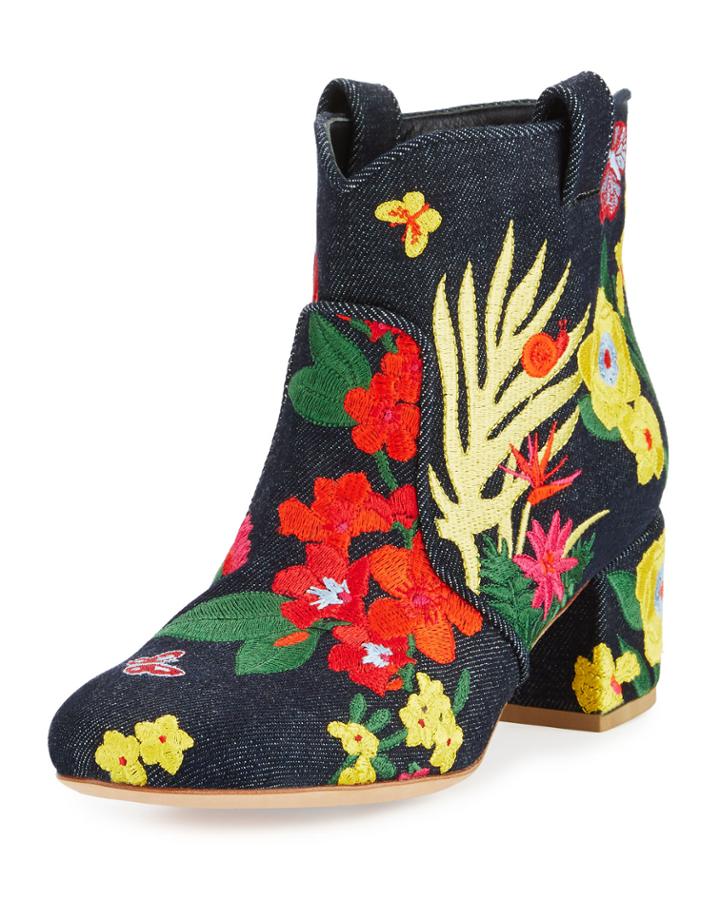 Belen Floral-embroidered Denim Booties, Dark Blue
