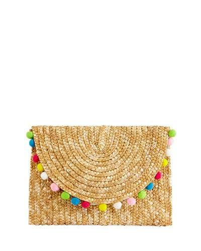 Maui Straw Pompom Clutch Bag, Neutral