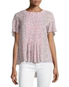 Floral-print Flutter-sleeve Top, Porcelain
