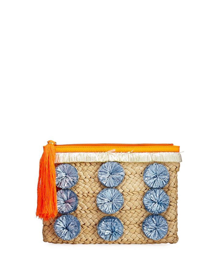 Pompom Straw Clutch Bag