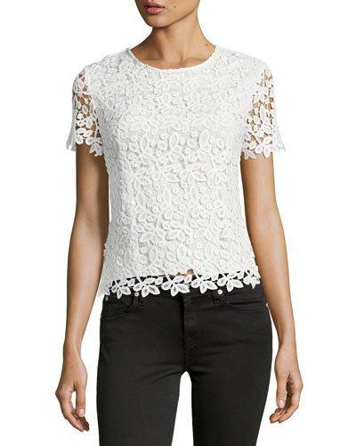 Short-sleeve Crochet-overlay Top, Ivory