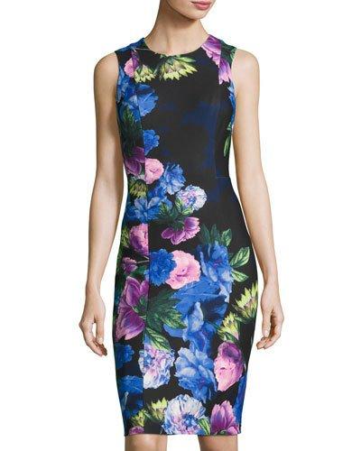 Sleeveless Floral-print Scuba Sheath Dress, Black/blue