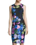 Sleeveless Floral-print Scuba Sheath Dress, Black/blue