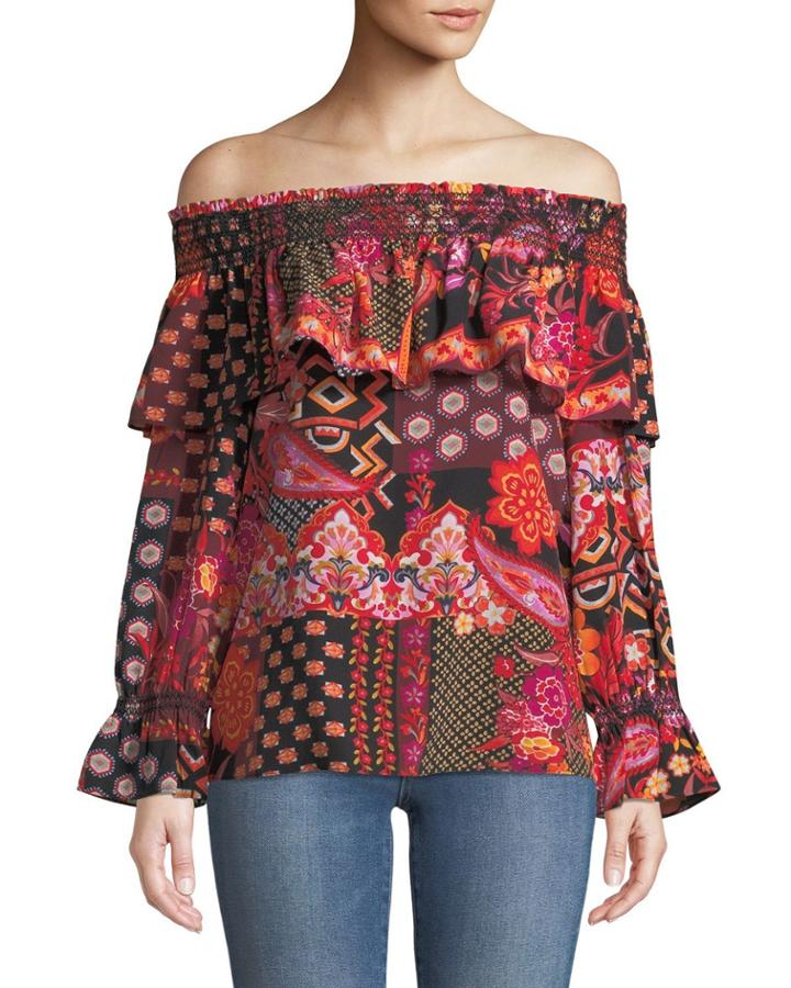Canton Off-the-shoulder Patchwork-print Blouse
