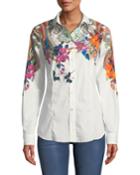 Long-sleeve Button-front Floral-print Blouse