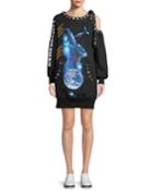 Oceanic-creatures Rainbow-grommets Shoulder-cutout Oversized Sweatshirt Dress