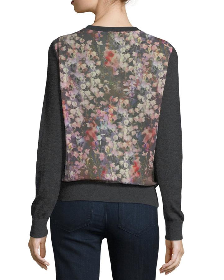 Romantic Floral Chiffon-back Cashmere Bomber Cardigan