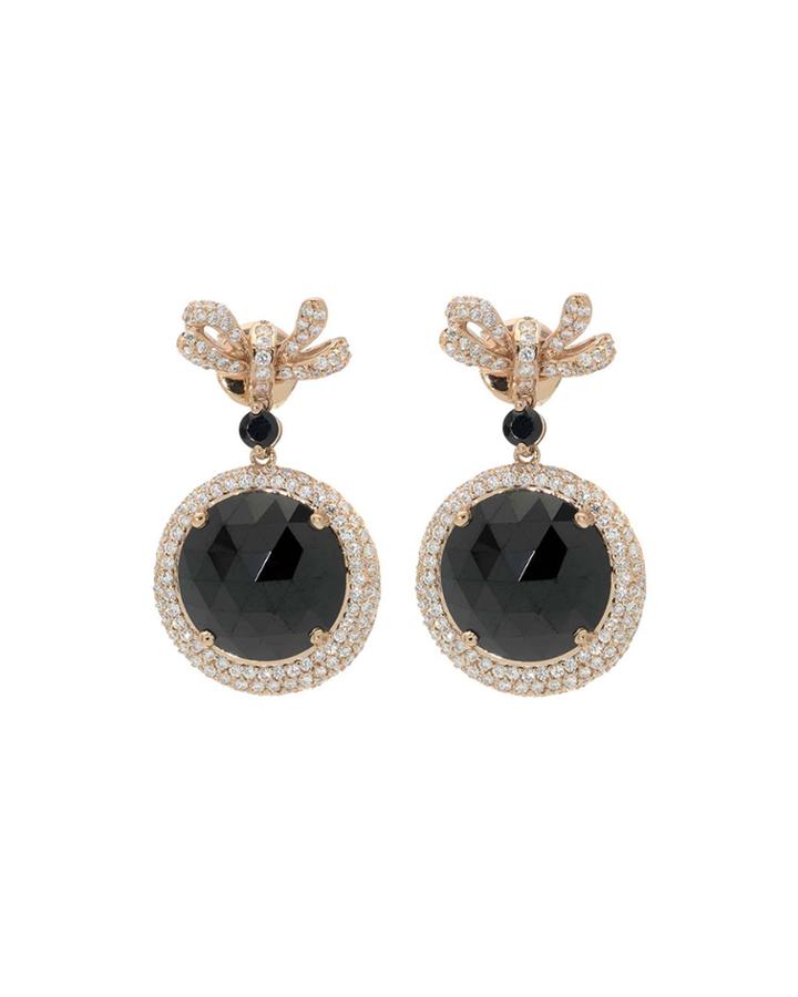 18k Rose Gold Diamond-post Onyx Circle-drop Earring
