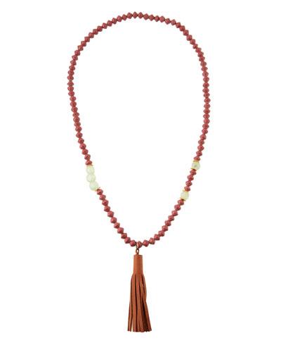 Long Paper & Glass Beaded Necklace W/ Leather Tassel, Rose