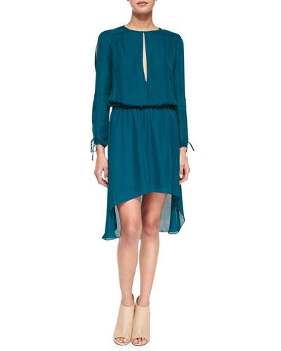 Long-sleeve Keyhole-front Dress, Blue Coral