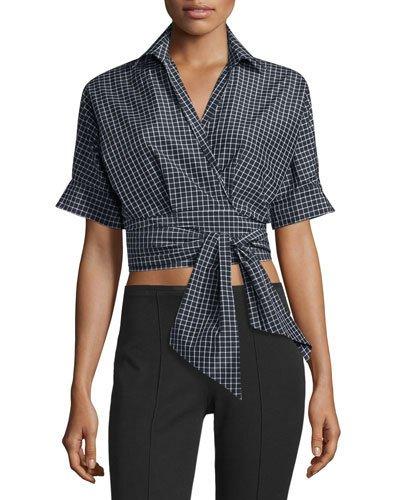 Short-sleeve Windowpane Wrap Blouse, Black/white