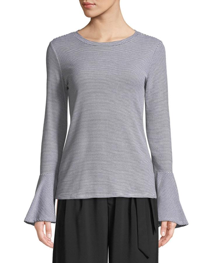 Bell-sleeve Striped Crew-neck Blouse