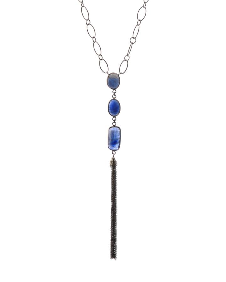 Black Silver Fringe Necklace With Blue Sapphire & Diamonds