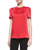 Pleated-neck Charmeuse Top, Azalea