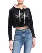 Antonella Cropped Embroidered Logo Velour Hoodie