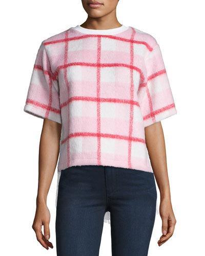 Boxy Plaid Lace-panel Sweater, White Pattern