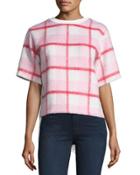 Boxy Plaid Lace-panel Sweater, White Pattern