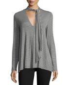 Striped Long-sleeve Tie-neck Top
