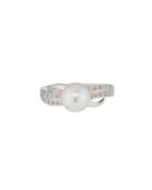 14k White Gold Freshwater Pearl & Asymmetric Diamond Ring,