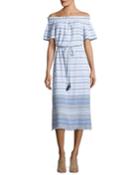 Off-the-shoulder Striped Linen Midi Dress With Frayed Hem