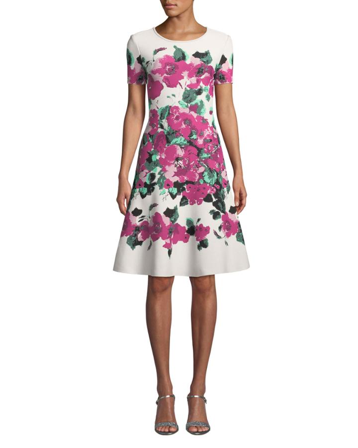 Short-sleeve Blooming Jacquard Fit-and-flare Dress