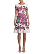 Short-sleeve Blooming Jacquard Fit-and-flare Dress