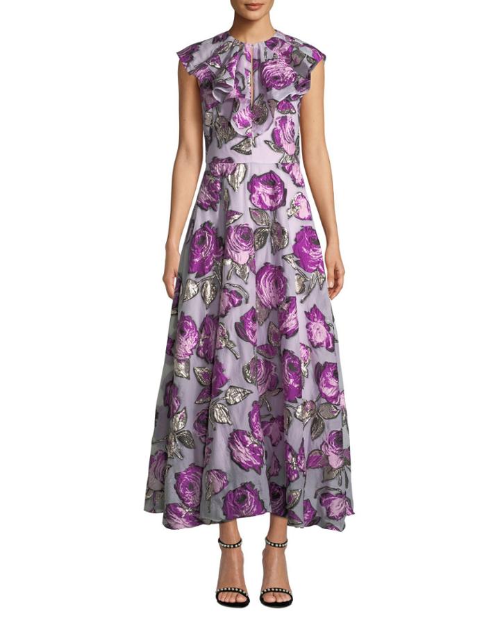 Ruffle-front Sleeveless Metallic Rose Fil Coupe Tea-length Dress