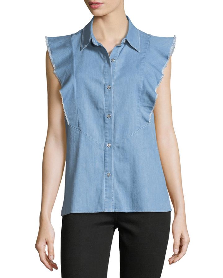 Sleeveless Ruffled Button-front Denim