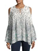 Cold-shoulder Lace-up Printed Top, White Pattern