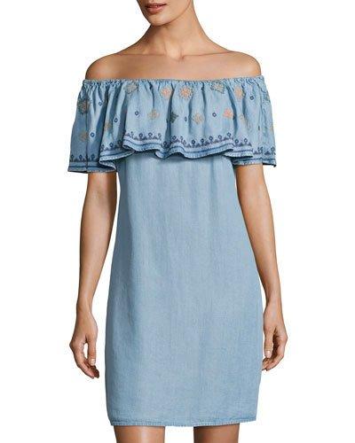 Embroidered-ruffle Off-the-shoulder Dress, Blue