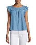 The Flutter Sleeve Embroidered Denim Top