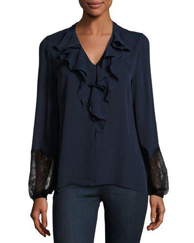 Austin Lace-trim Ruffled V-neck Blouse,