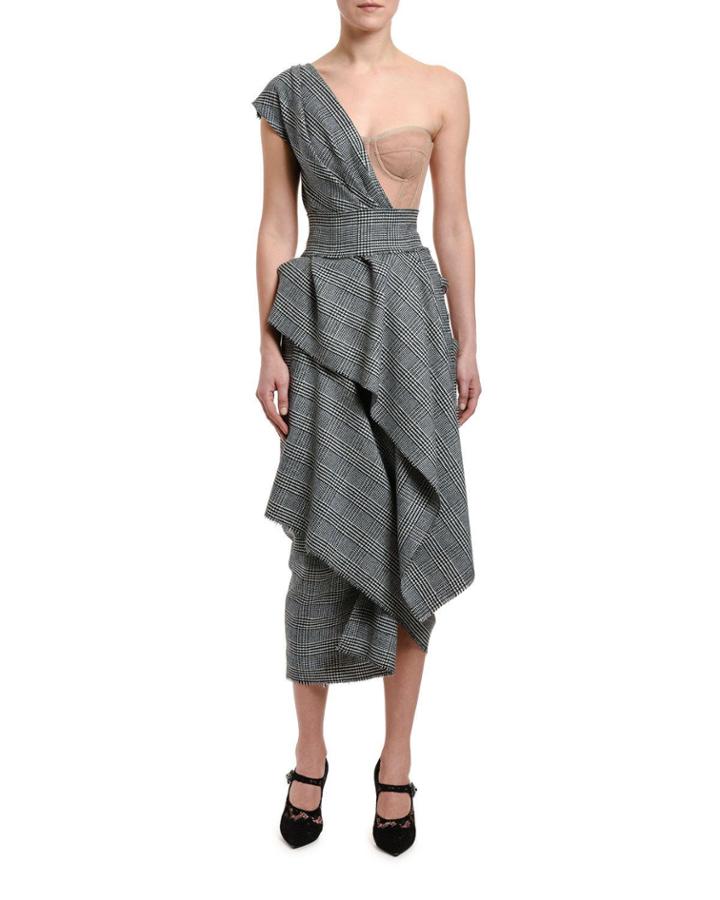 One-shoulder Tartan Bustier Dress