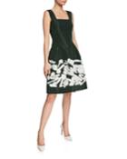 Square-neck Pleated Silk Faille Cocktail Dress W/ Embroidery