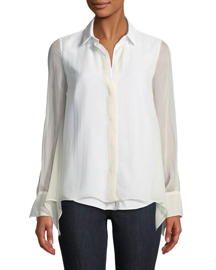 Silk Chiffon Button-front Handkerchief Blouse