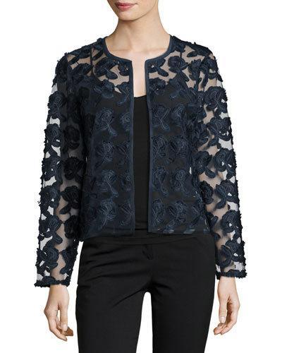 Floral-embroidered Short Jacket, Navy
