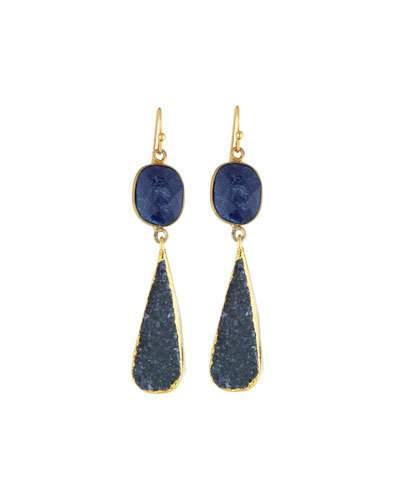 Golden Agate & Druzy Double-drop Earrings, Blue