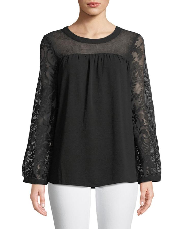 Scoop-neck Lace-sleeve Blouse
