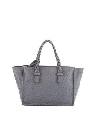 Ostrich-embossed Leather Tote Bag, Pearl Gray