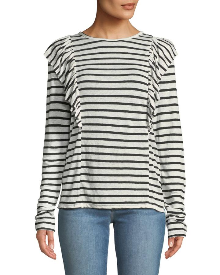 Crewneck Striped Linen Top W/ Ruffled Trim
