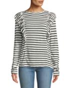 Crewneck Striped Linen Top W/ Ruffled Trim