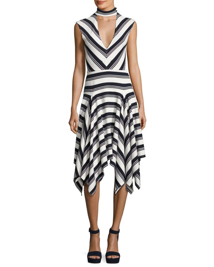 Sleeveless Mitered Stripe Stretch Jersey Dress, Navy/white