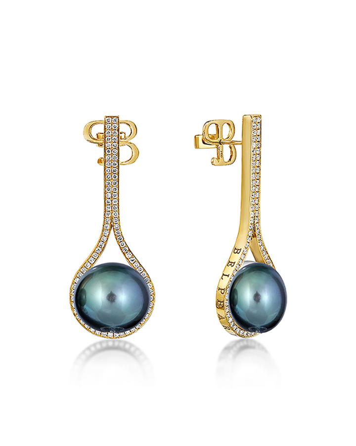 18k Diamond Pave Tahitian Pearl Earrings, Black