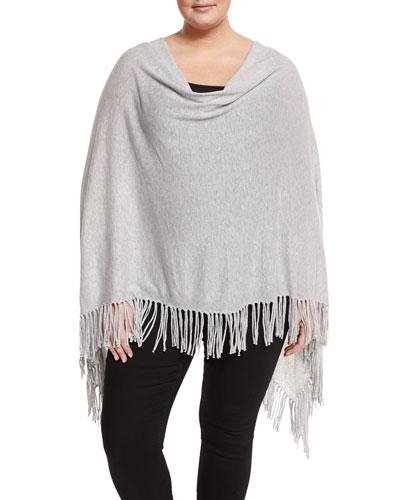 Ruana Cotton Fringed Poncho, Light Gray,