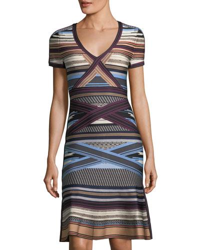 Short-sleeve Ikat-print Flounce Dress