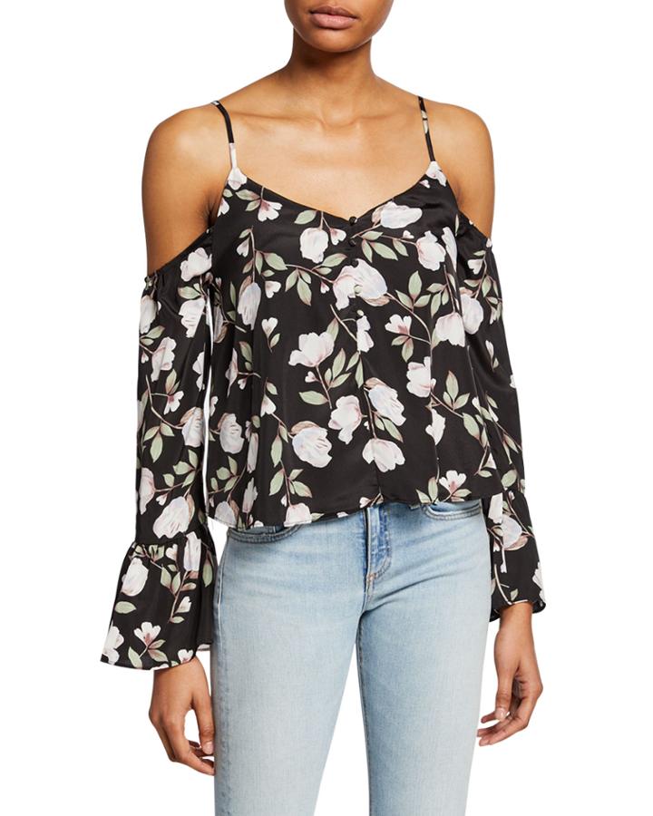 Floral-print Cold-shoulder Long-sleeve Cropped Blouse
